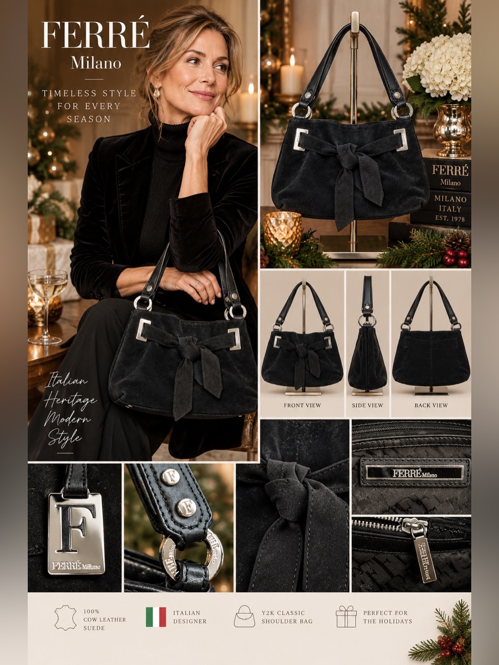 Ferré Milano Norma Black Suede Leather Bow Shoulder Bag Y2K